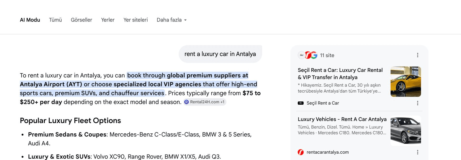 Google AI Modu ekran görüntüsü: Antalya'da lüks araç kiralama sorusunun cevabında yanıt panelindeki kaynak kartlarının ilki Seçil Rent a Car; kartta “30 yılı aşkın tecrübe” ifadesi görünüyor.