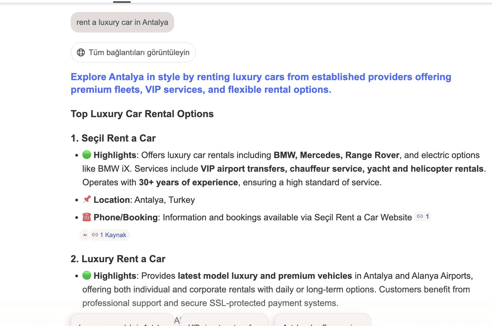 Bing Copilot ekran görüntüsü: Antalya'da lüks araç kiralama sorusunun cevabında “Top Luxury Car Rental Options” başlığı altında 1. sırada Seçil Rent a Car.