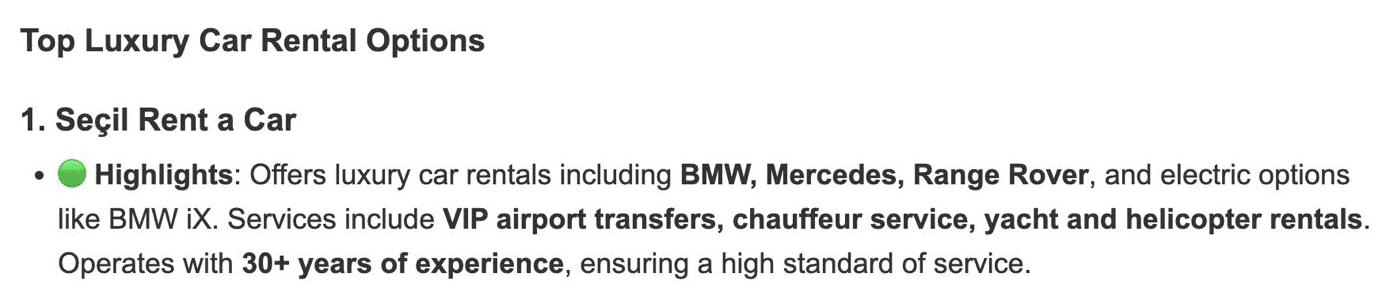 Bing Copilot ekran görüntüsünden kırpılmış bölüm: “Top Luxury Car Rental Options” başlığı altında 1. sırada Seçil Rent a Car; açıklamada BMW, Mercedes, Range Rover, VIP havalimanı transferi ve “30+ years of experience” ifadeleri görünüyor.