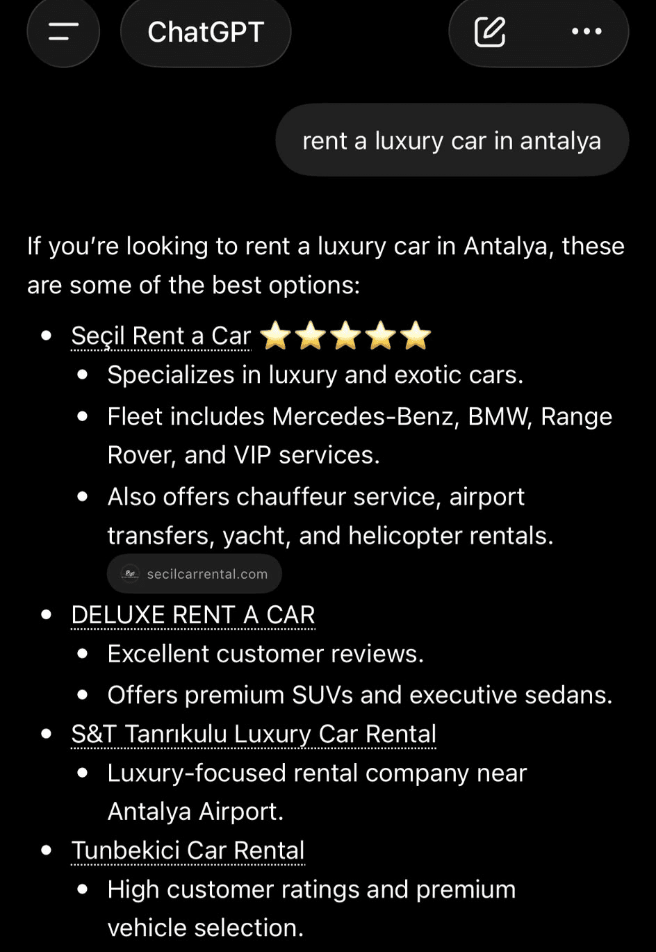 ChatGPT mobil uygulaması ekran görüntüsü: Antalya'da lüks araç kiralama sorusunun cevabında Seçil Rent a Car beş yıldızla ilk sırada, kaynak olarak secilcarrental.com gösteriliyor. Üstüne kırmızı kalemle üç işaret konmuş: sorunun altı çizili, Seçil satırı bulutla çevrili, kaynak etiketi daire içinde.
